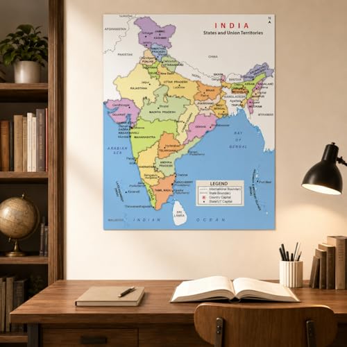Image of SAF India Political Map Wall Art | States & Union Territories with Capitals | Educational Geography Chart Vinyl Poster for Home, School & Office Decor 12 Inch x 18 Inch