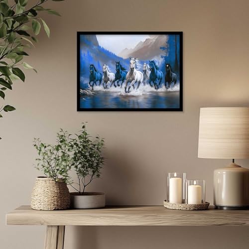 Image of HOTHOUSE Seven Running Vastu Lucky Horse and Rising Sun Painting | 7 Horses Vastu Frame Wall Art Painting for Living Room Bedroom Office Home Decor Wall Decor Size (19X25 inch)