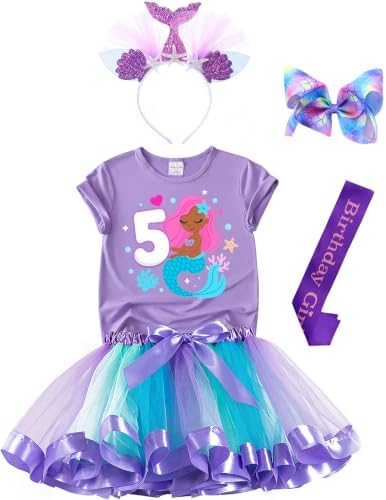 Mermaid Birthday Outfit for Girls - Tutu Skirt, Shirt, Satin Sash & Headband (Purple-V2 5, 4-5 Years)