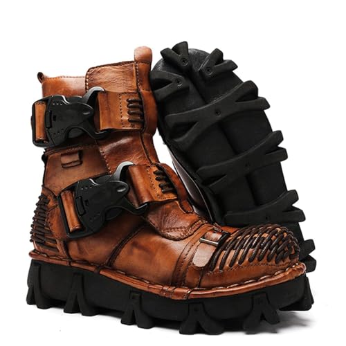 Fashion Men Leather Motorcycle Boots, Winter Street Riding Punk Ankle Boots, Buckle Mid-Calf Work Shoes