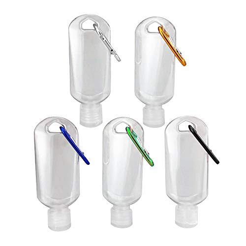 Preisvergleich Produktbild 5 Stück 50 ml nachfüllbare Flaschen Reisebehälter transparent leere Kunststoffflaschen Flüssigkeitsbehälter mit Haken Karabiner Gürtelclip