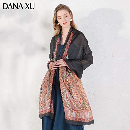 DANA XU 100% Mulberry Satin Silk Summer Travel Scarf Extra Large Women Floral Shawl Oversize Soft Wraps For Evening Dresses - Image 4