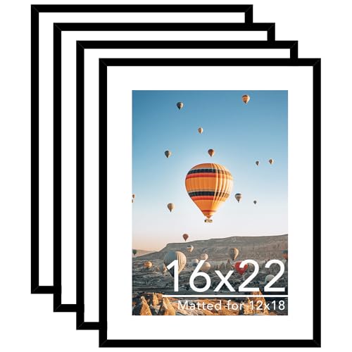 JCJMY 16x22 Picture Frame Set of 4 with 12x18 Mat Display Photo 12x18 with Mat or 16 x 22 Without Mat Wall Hanging Large 16 by 22 Poster Frame with Plexiglass 4 Pack Black