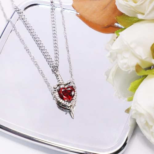 Heart and Sword Couples Necklace Gold Stainless Steel Pink Heart Zirconia Chain Trendy Matching Sword Through Heart Necklace Set Romantic Necklaces for friend Couple4
