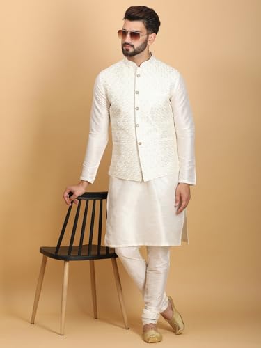 Image of Ethluxis Men Silk Blend Kurta Jacket Set with Mandarin Collar