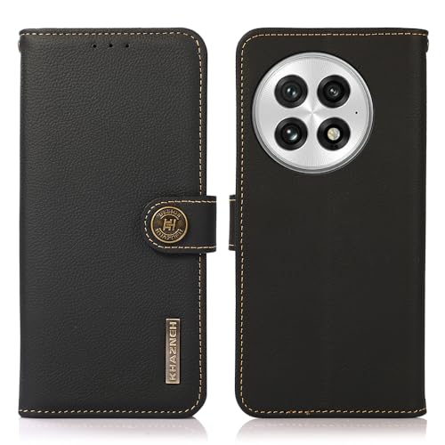 Étui OnePlus 13 cuir de vache noir avec fentes cartes protection antichoc RFID