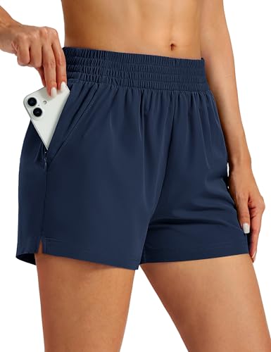 MAGCOMSEN Womens Running Shorts with Pockets High Waisted Athletic Workout Lounge Shorts with Liner Quick Dry Navy 2XL