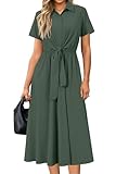 Newshows Womens Wear to Work Long Dresses Tie Waist Shirt Dress Business Casual Outfits Office Attire with Pockets(Army Green,M)