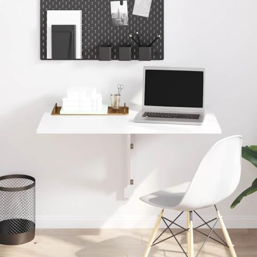 Mesa plegable de pared, color blanco brillante, 100 x 60 x 56 cm, plegable, ahorra espacio, con soporte triangular para montaje en pared como escritorio, mesa auxiliar, balcón, camping