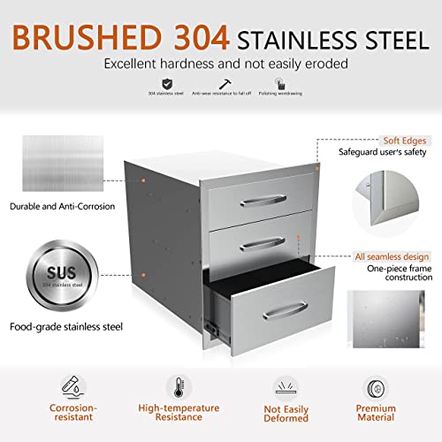 Image of 20''W x 27''H x 23''D Outdoor Kitchen Triple Access Drawers Stainless Steel, Flush Mount BBQ with Handles BBQ Island for Outdoor Kitchens or Patio Grill Station