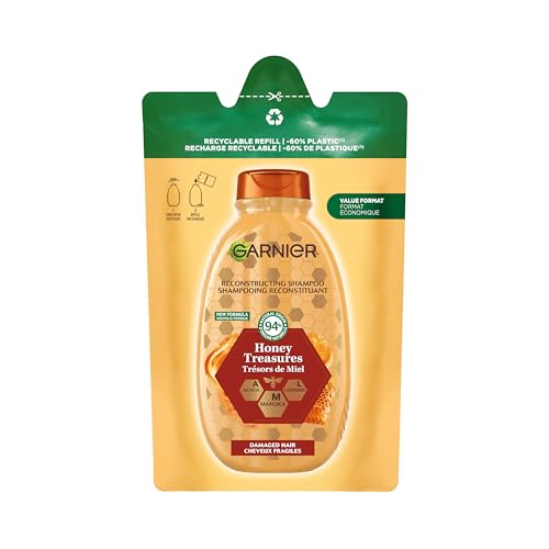 Garnier Wahre Schätze Honig Schätze Recharge de shampoing avec 60 % de plastique en moins, recyclable, pour cheveux abîmés, soin intensif avec miel d'acacia réparateur, 1 x 250 ml