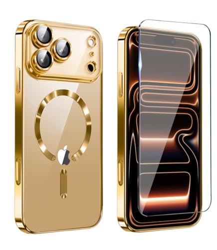 Image of Magnetic Glossy Case for iPhone 17 Pro,iPhone 17Pro Phone Case Slim Clear Luxury with Screen Protector & Camera Protector [Compatible with MagSafe], Shockproof Cover for iPhone Pro 17-Gold