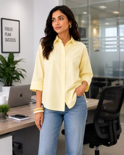 Image of Women's Butter Yellow Cotton Poplin Shirt | Quarter Sleeves | Relaxed Fit | Crispy Cotton Fabric | Button Down Collar | Casual Shirt | Classic Solid Colour |
