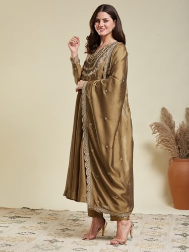 Image of MOKOSH Women's Silk Embroidery Anarkali Kurta Pant with Dupatta | Women's Anarkali Kurta Set | 3 Piece Ethnic Outfit with Dupatta | Round Neck Full Sleeve
