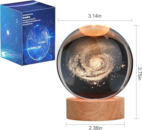 Image of 3D Galaxy Crystal Ball Night Lamp, Creative Engraved Crystal Ball Night Light, USB Table LED Wooden for Home Office Decoration Birthday Gift Adults (Galaxy)(Warm White)