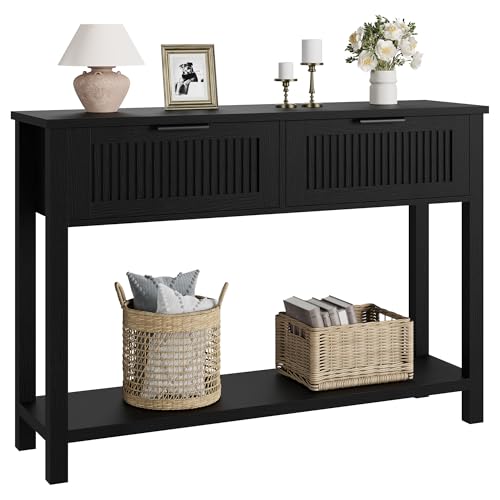 GAOMON Farmhouse Entryway Table,43 Inch Wood Console Table with 2 Drawers,2 Tier Sofa Table with Storage for Living Room, Foyer Tables for Entryway-Black