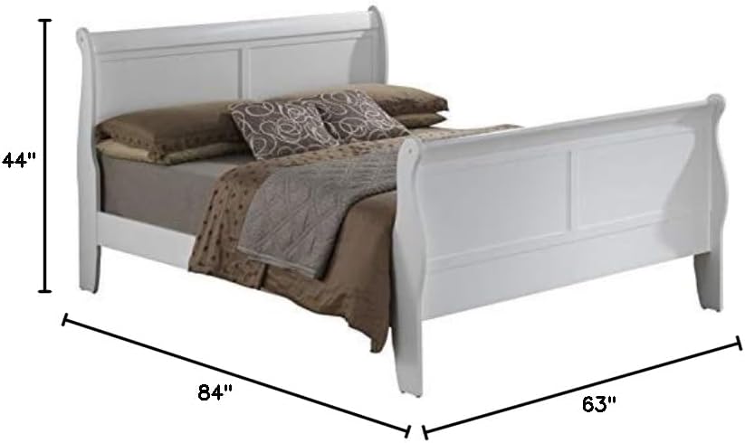 MAKLAINE Traditional Wood Queen Sleigh Bed, White Finish, 63 x 84 x 44 in, Sleigh Headboard, Sturdy Bedroom Frame, Classic Design for Queen Mattress