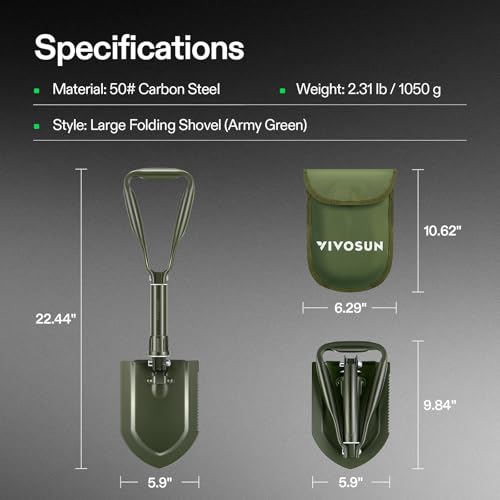 Image of VIVOSUN Folding Survival Shovel, 22'' Camping Shovel, Military Portable Small Shovel with High Carbon Steel, Tactical Entrenching Tool for Hiking, Digging, Backpacking, Gardening, Off Road, Beach