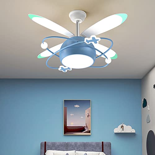 Lámpara de ventilador de techo infantil azul con luces LED y diseño de dibujos animados creativo