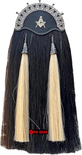 Mens Kilts Scottish Bagpiper Black Long Hair Sporran Masonic Badge with 2 White Hair Tassels Antique Cantle Full Dress Kilt Outfit Sporrans - Main Image