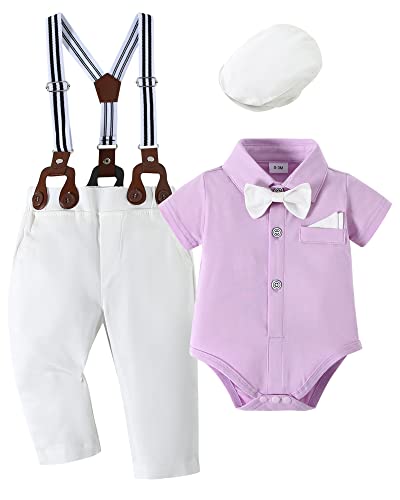 Nilikastta Baby Boy Clothes Gentleman Outfits Suits, Infant Short Sleeve Shirts + Suspender Pants + Bowtie + Beret Hat 0-18M(Purple,12-18M) #TOP7