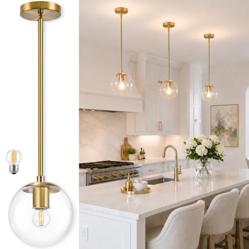 Bagood 6 Inch Globe Pendant Light Gold Mid Century Pendant Light Contemporary Globe Pendant Lights Kitchen Island Clear Glass with Brass Finish Adjustable Hanging Light Fixture for Kitchen Island