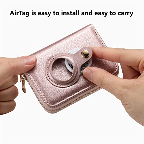 Bingcok AirTag Wallet for Women, Minimalist PU Leathter Wallet, RFID Blocking Small Cash Credit Card Holder Organizer Wallet with Airtag Holder and hand strap, Slim Wallet Women. (1-Rose Gold)2