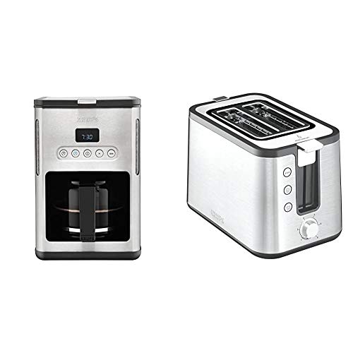 Krups KM442D Premium Filter-Kaffeemaschine, 10-15 Tassen, 1,000 W, programmierbar, edelstahl/schwarz & KH442D Control Line Premium Toaster, 2-Schlitz Toaster, Brötchenaufsatz silber/schwarz
