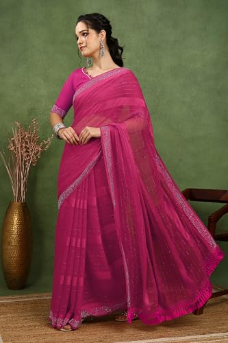 Image of MIRCHI FASHION Saree for Woman Georgette Solid with Satin Stripes | Stone Border Farewell and Ceremonial Sari with Blouse Piece