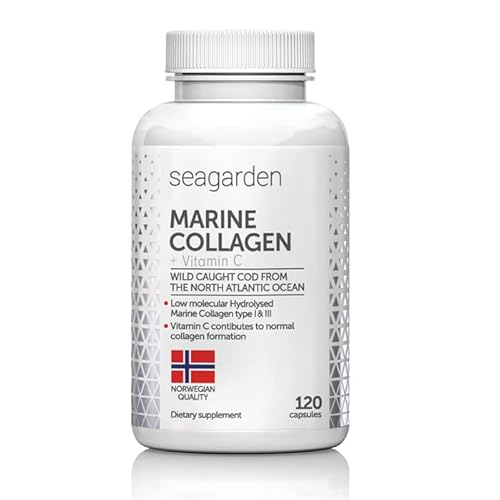 Capsule di Collagene Marino Norvegese con Vitamina C [120 Capsule/30 Dose] 2kDa, Tipo 1, 20 Aminoacidi, Merluzzo Selvaggio, Integratore Alimentare per Donne & Uomini, Pelle, Articolazioni e Capelli