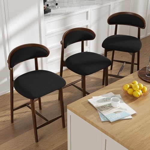 Image of Bar Stools Set of 6, Upholstered Counter Height Bar Stools, Mid Century Modern Counter Stools with Wood Legs for Kitchen Island, Black