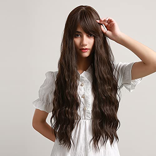 Souizic Long Dark Brown Wave Wigs for Women Hair Replacement Synthetic Wigs with Bangs for Girls Party Cosplay Wigs 29 Inch