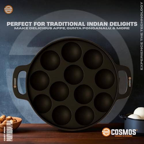 Image of E-COSMOS Pre Seasoned Cast Iron 12 Cavity Appam Patra, Paniyaram Pan Iron, Appam Pan, Pan Cake, Paddu, Appam Maker, Ponganal Maker, Appe and Litti Maker with 2 Side Handle, 25cm, (Black) (12 Cavity)