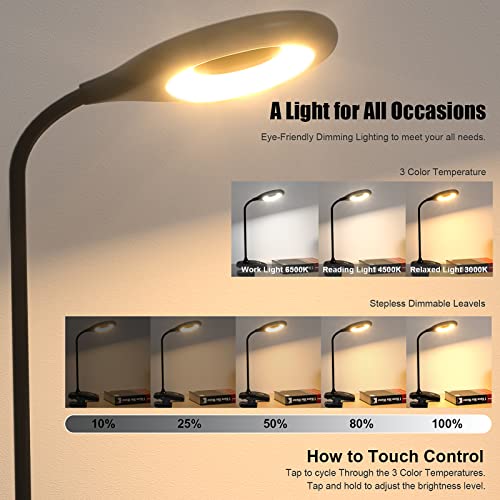 Deeplite Led Desk Lamp Clip On Lamp Battery Powered Clip On Light Book Light For Bed, Eye-Caring Flexible Arm Memory Touch 3 Color Modes & Stepless Brightness Portable Reading Light For Study Work. #TOP1