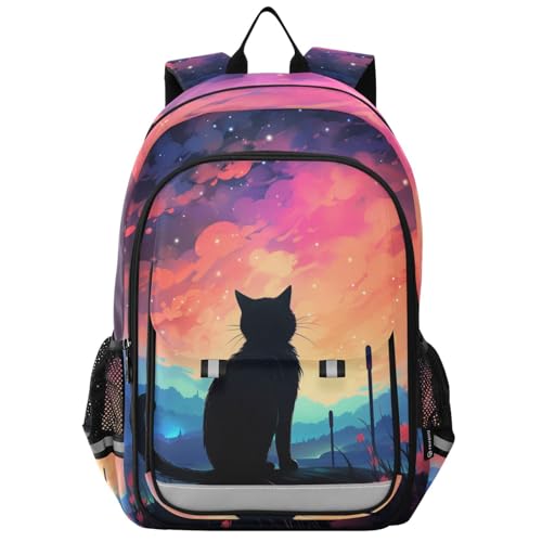 Black Cat Starry Sky Backpack Kids School Bag Lightweight Laptop Backpack Elementary Capacity Student Bookbags for Travel Daypack with Reflective Stripes