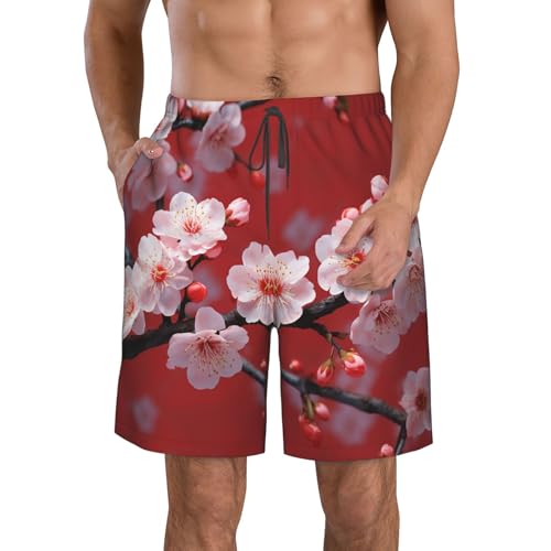 Men's Swim Trunks Quick Dry Bathing Suits Peach Plum Blossom Beach Board Shorts Swimwear with Pockets