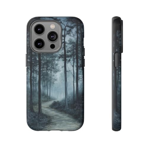 Coque iPhone 14 Pro Misty Forest Path bleue rigide mate
