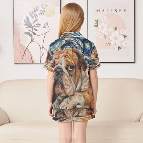 ALAZA Van Gogh Starry Sky Bulldog Satin Pajamas Set Short Sleeve Button Down Sleepwear Summer Pjs 2 Piece4