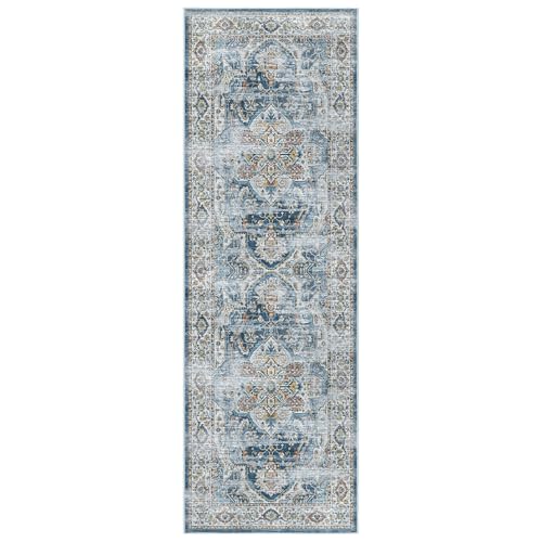 Madane Runner Rug 2'6''x8' Kitchen Runner, Hallway Runner Printed Vintage Washable Rugs Soft Non-Slip Low Pile Runners for Hallways Laundry Room Distressed Floor Carpet, Navy