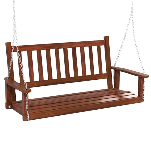 KOMFOTTEU Columpio de Madera de Álamo de 2-3 Plazas, Banco Colgante con Cadenas Ajustables de Metal, Silla Hamaca con Respaldo de Listones, Asiento Suspendido de Jardín (Marrón, 136 x 67 x 63 cm)