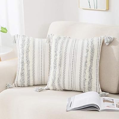 decorUhome Set of 2 Boho Decorative Throw Pillow Covers for Bed Bedroom Neutral Accent Cushion Cover Tufted Woven Pillow Case, 20x20, Grey