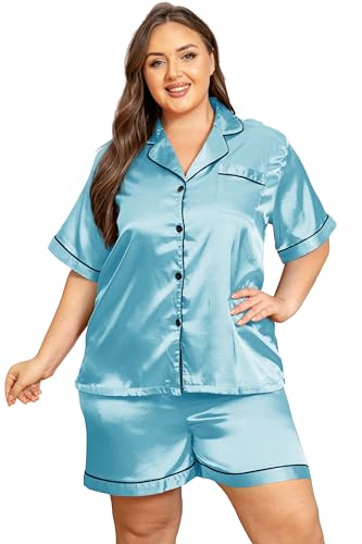 Image of Vozanet Women's Short Sleeve Satin Pajama Sets Silky Ladies Button Down Loungewear Plus Size Nighty Shorts Sets XL to 5XL