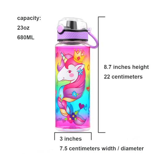 Home Tune Cute Water Bottle for School Kids Girls, BPA FREE Tritan & Leak Proof & Easy Clean & Carry Handle, 23oz/ 680ml - Unicorn