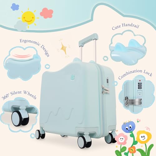 20 inch Ride On Hardshell PC Luggage for Kids, 3 Level Height Handlebar 360° Silent Spinner Wheels kid Luggage,Adorable Handrail Spacious Interior Suitcases for Children (Blue with Cute Handrail)2