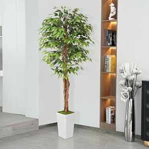 Artificial 7ft ficus silk tree with tall planter faux plants indoor with natural wood trunk large tall fake plants for home office living room patio decor  urban country home decor