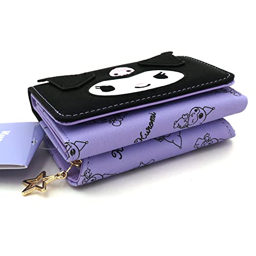 Image of Kuromi Black Face Purse Adorable Japanese Kawaii Cartoon Kitty's Friends Design Cute Pattern Purple Trifold Compact Card Cash Wallet with Coin Zipper Pocket