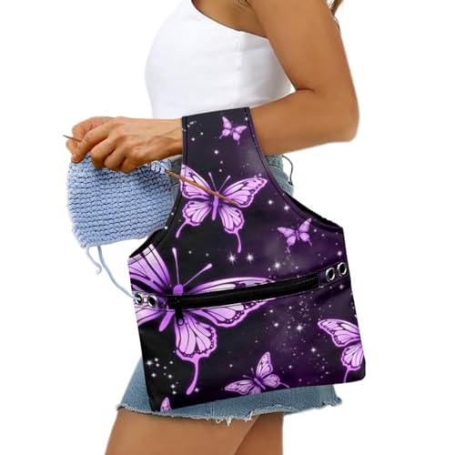Image of ZUXONGSY Butterfly Yarn Bags for Crocheting Organizer Knitting Bag Yarn Storage Shelves Yarn Project Bag Travel Crochet Tote Bag,Small