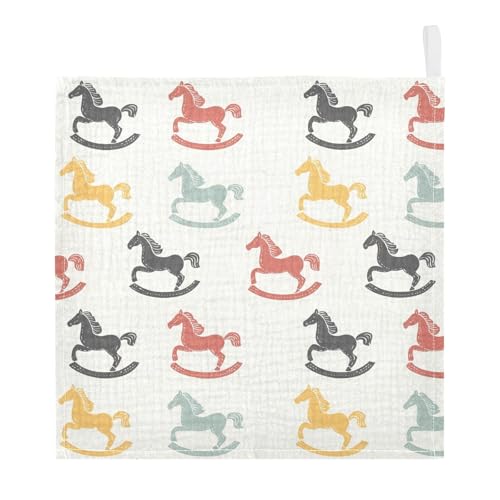 vvfelixl Cartoon Colorful Toy Rocking Horse Baby Burp Cloths Baby Muslin Washcloths for Boys Girls Cotton Babys Face Towel for Newborn Infants Soft and Absorbent 11.8 X 11.8 in, 5 Pack