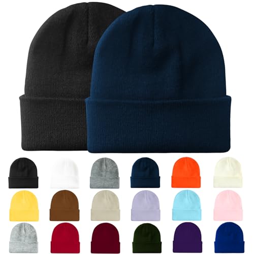 JYxingchi 2 Pack Beanie for Women Men Knit Cuffed Beanies Hat Winter Warm Soft Skull Cap Black+Blue