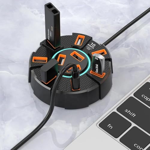 Image of 10 Port USB 2.0 Hub Splitter with Power - Data Port, 5gbps Hi-Speed Data Transfer, Plug and Play, USB Charging Docking Station Gaming Hub for Laptop, Computer (10 USB Port Hub-Round)